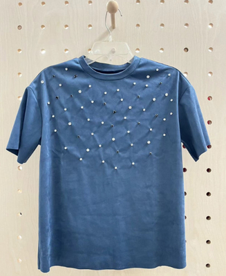 Luxuriöses T-Shirt aus Indigo-Sueß mit Strass