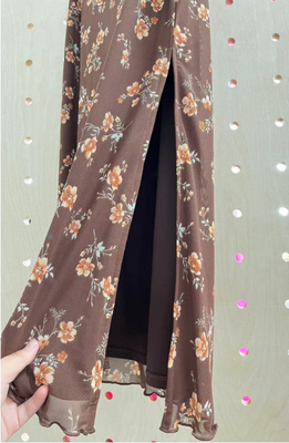 Braunblumen-Druck-Misch-Midi-Rock mit elastischem Trim