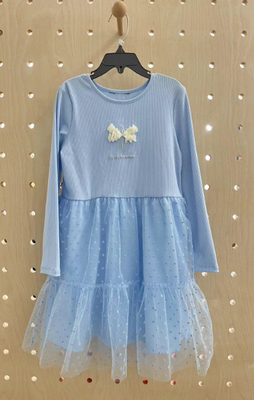 Süßes Babyblaue Flocking-Mesh Kinder langärmeliges Blasenkleid