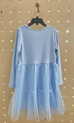 Süßes Babyblaue Flocking-Mesh Kinder langärmeliges Blasenkleid