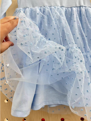 Süßes Babyblaue Flocking-Mesh Kinder langärmeliges Blasenkleid